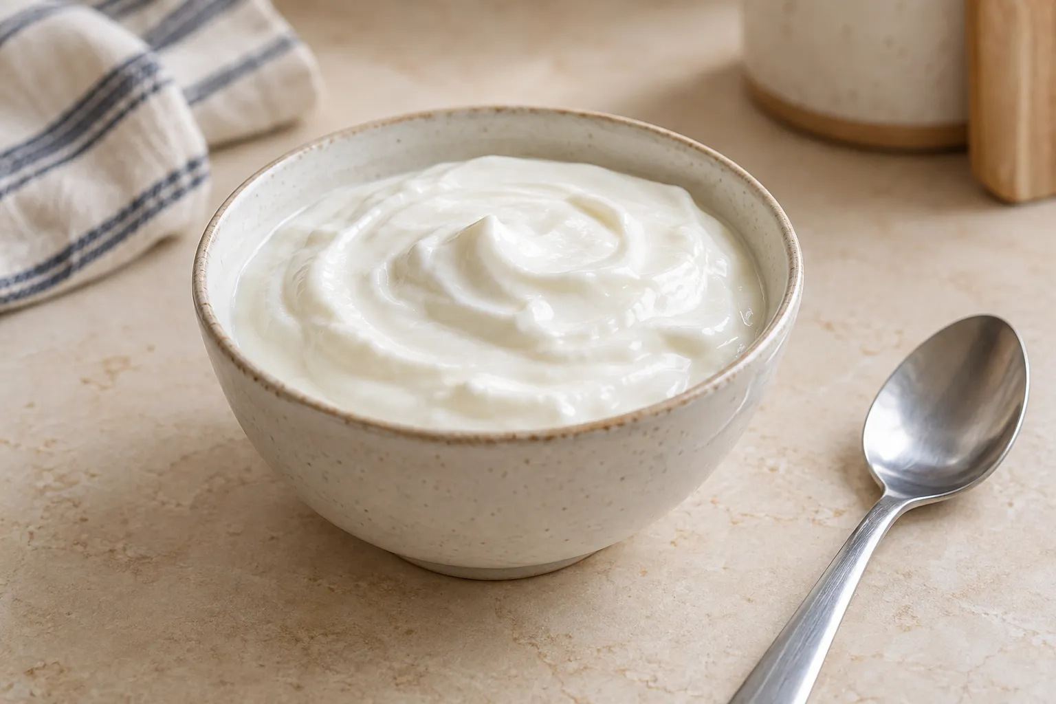 Un cuenco pequeño con un alimento lácteo blanco y cremoso y una cuchara