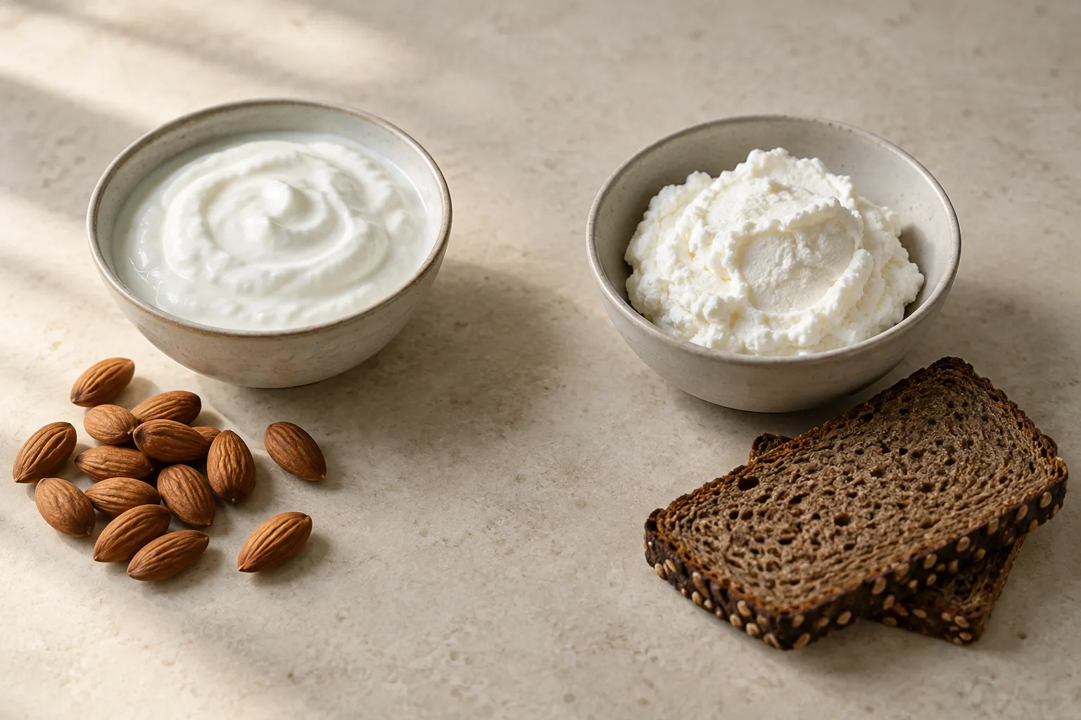 Skyr mit Mandeln neben einer Schale Quark und Roggenbrot