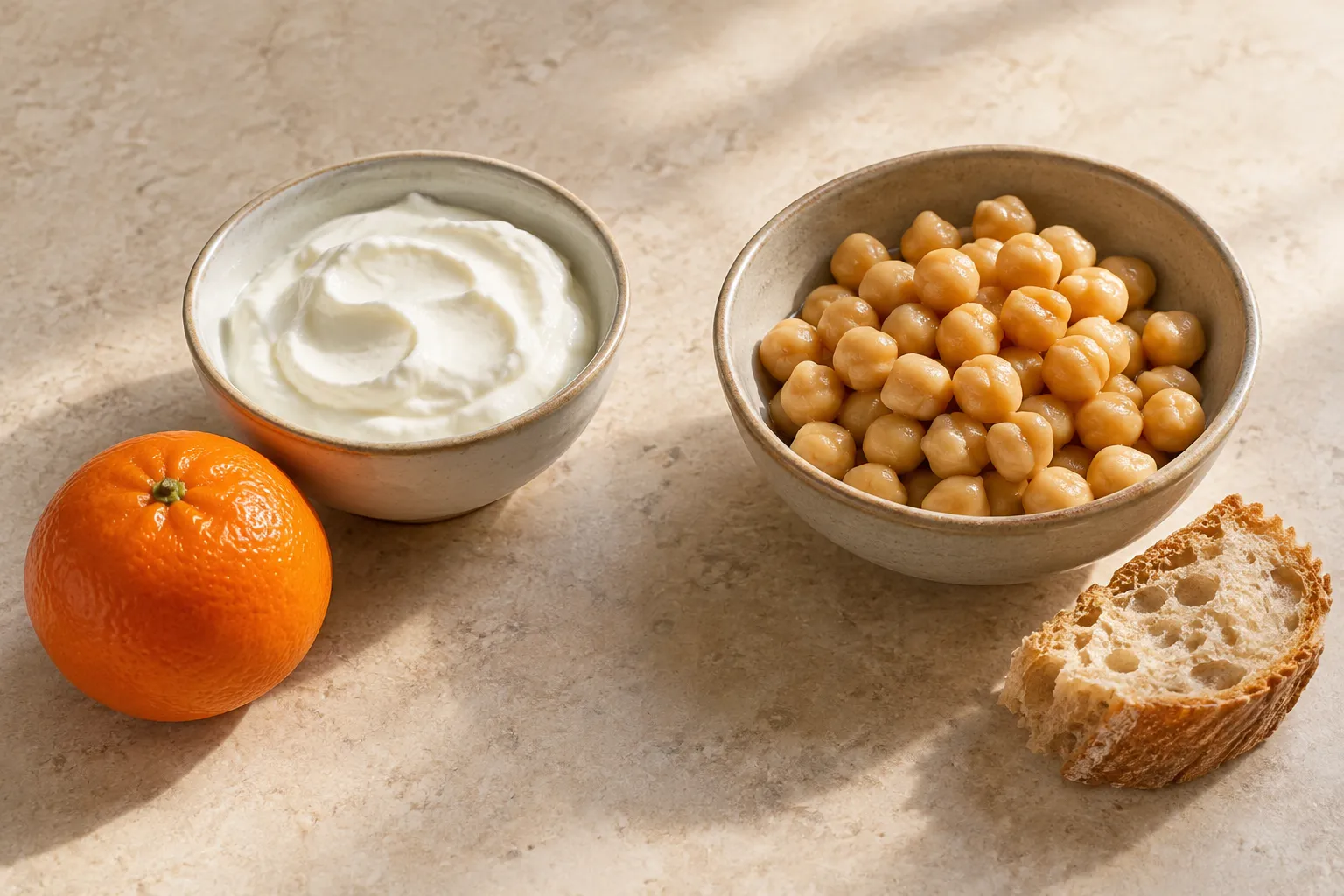 Queso fresco batido con una mandarina, junto a garbanzos cocidos y pan
