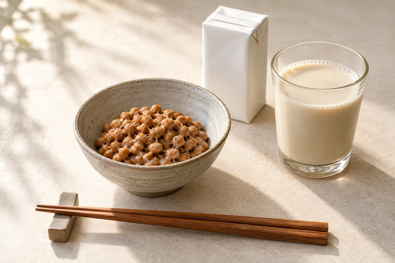 小鉢の納豆と、無地の豆乳パック、グラスに入った豆乳