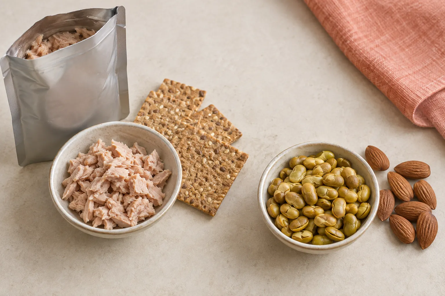 An open tuna pouch, flaked tuna and whole-grain crackers beside dry-roasted edamame and almonds