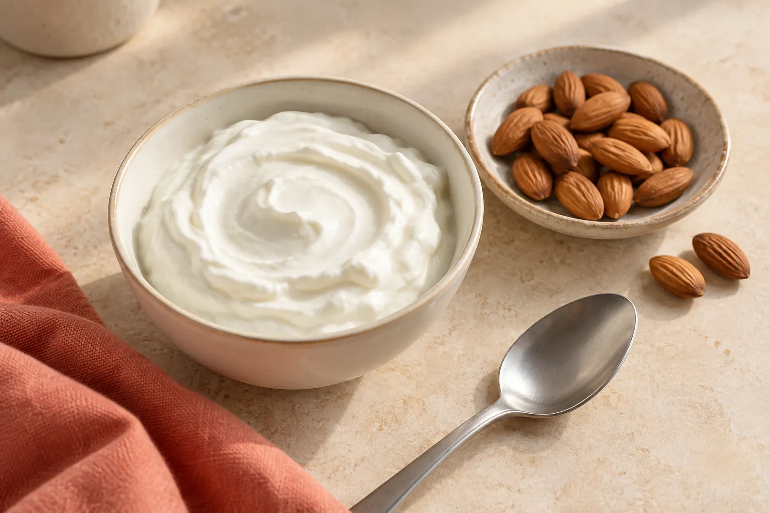 Plain Greek yogurt in a small bowl beside whole almonds and a spoon