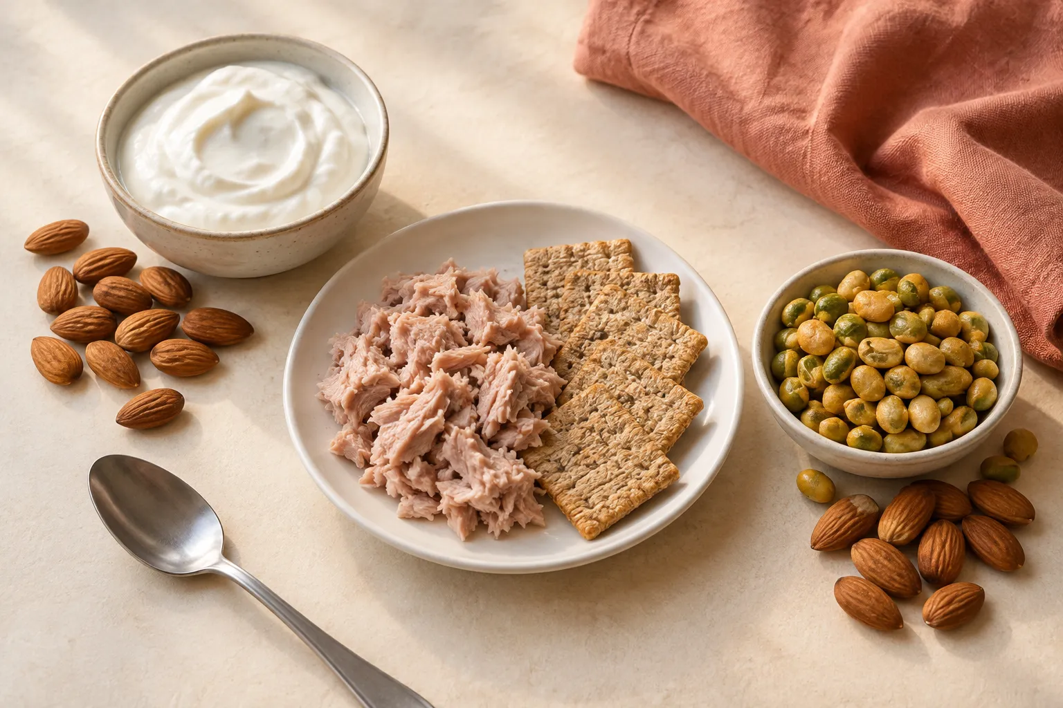 Three snack pairings: plain yogurt with almonds, tuna with whole-grain crackers, and dry-roasted edamame with almonds