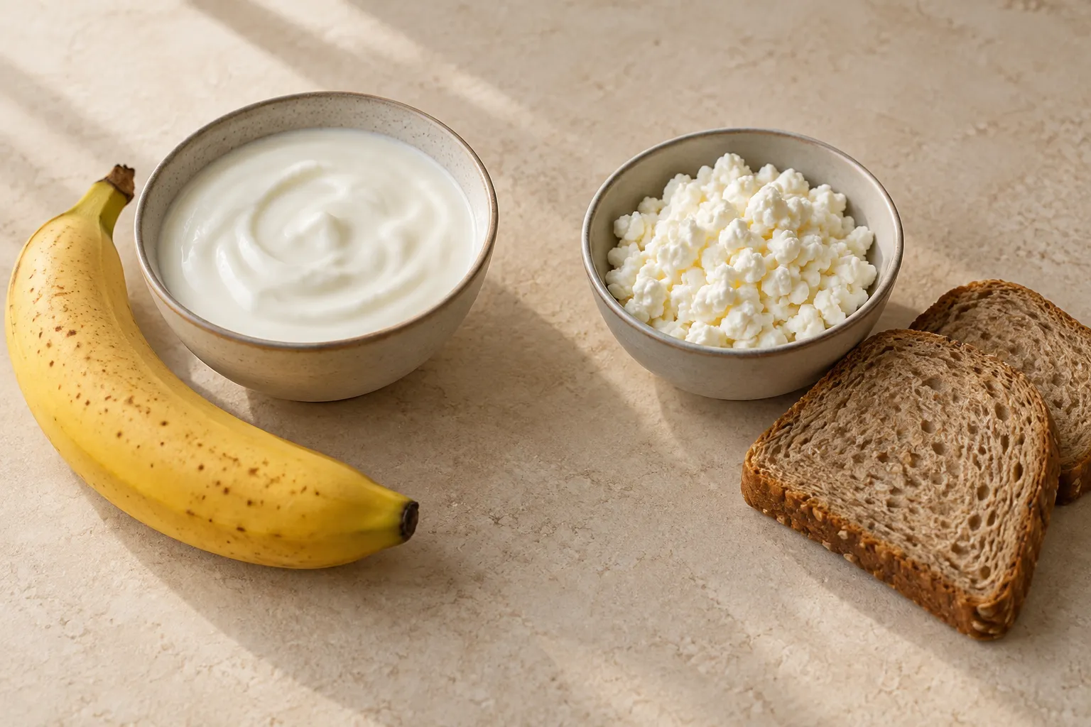 Iogurte natural com banana ao lado de cottage e pão integral