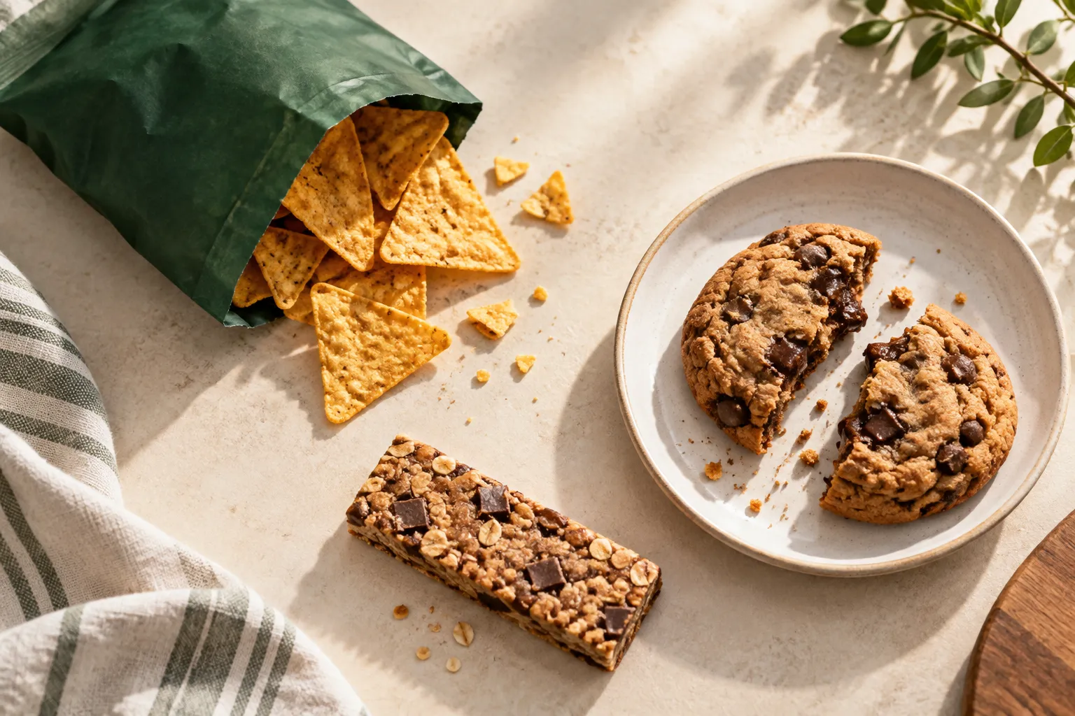 Chips spilling from a plain green pouch beside a chocolate-chip cookie and a snack bar