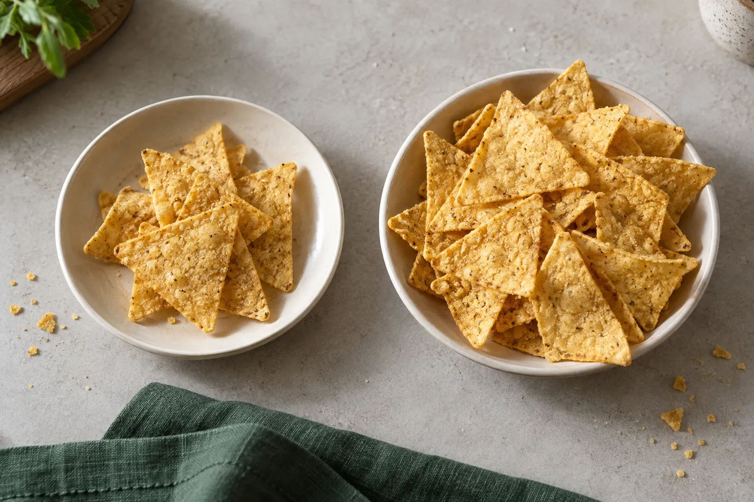 Two bowls holding different amounts of tortilla chips