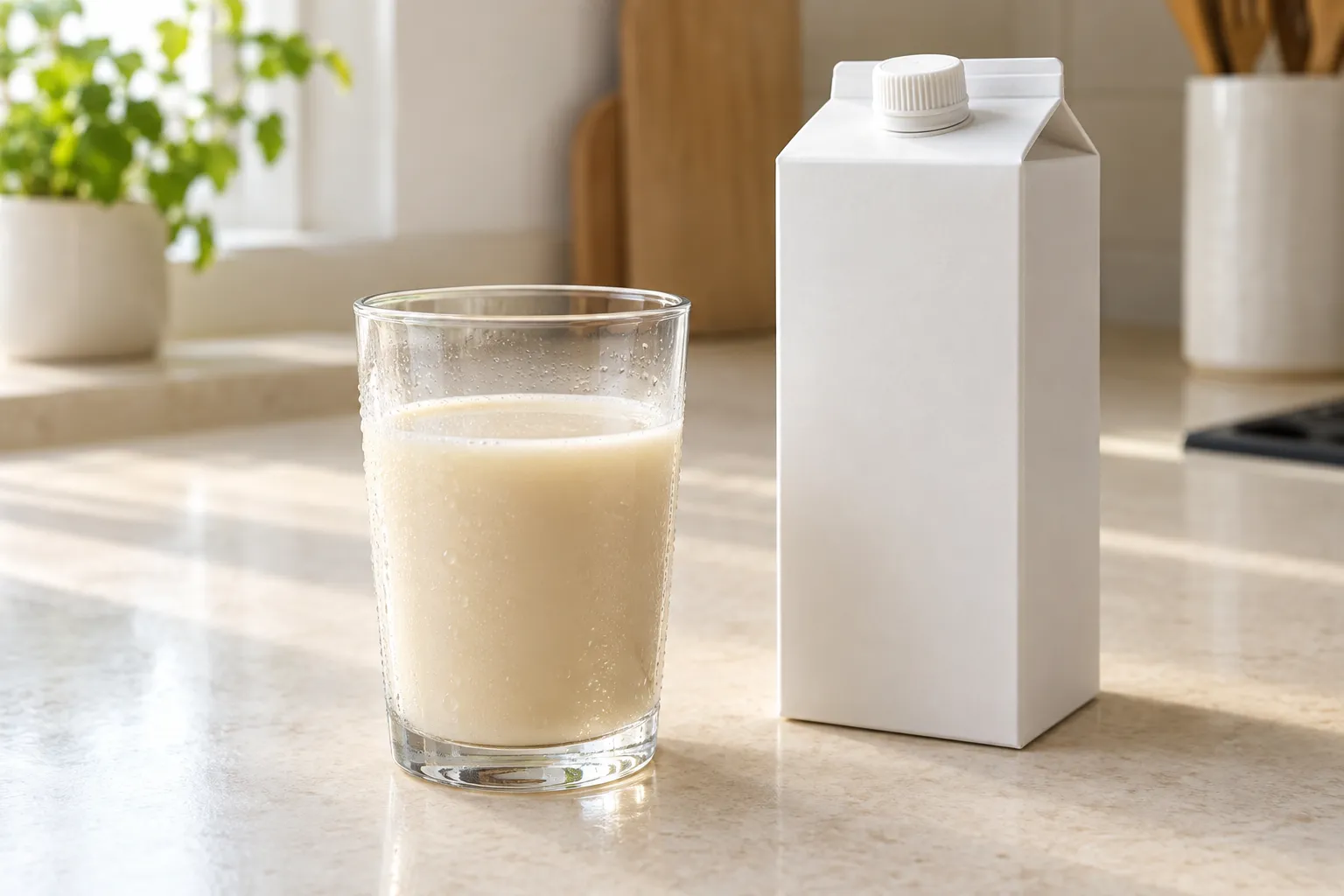 豆乳の入ったグラスと無地の飲料パック