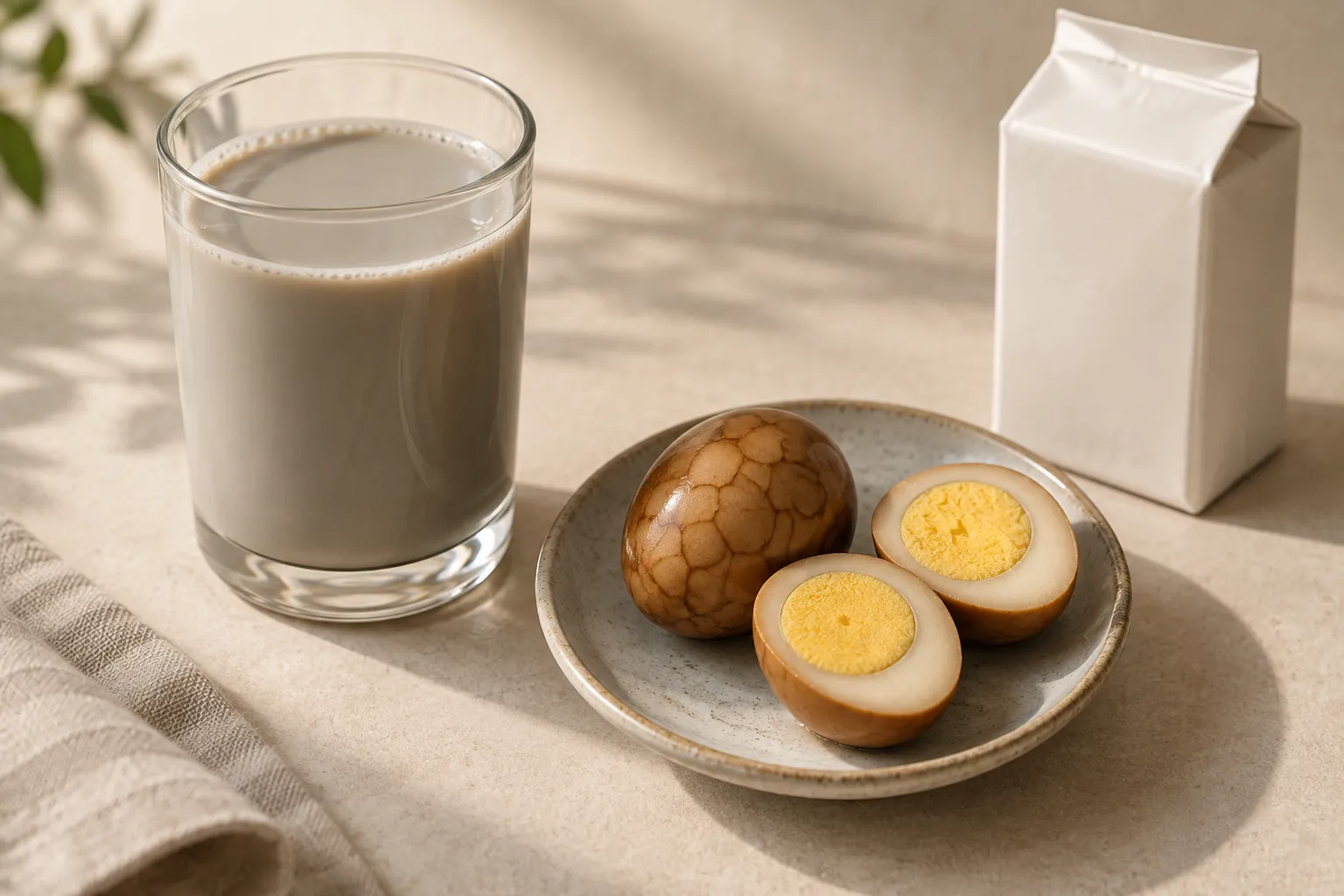 黑豆漿、無字飲料盒與熟茶葉蛋,其中一顆切開露出全熟蛋黃