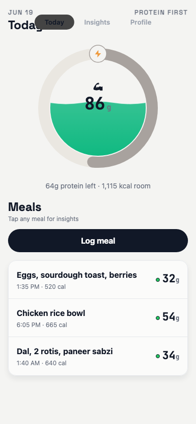 Protein Ring Today screen showing the daily protein ring and logged meals
