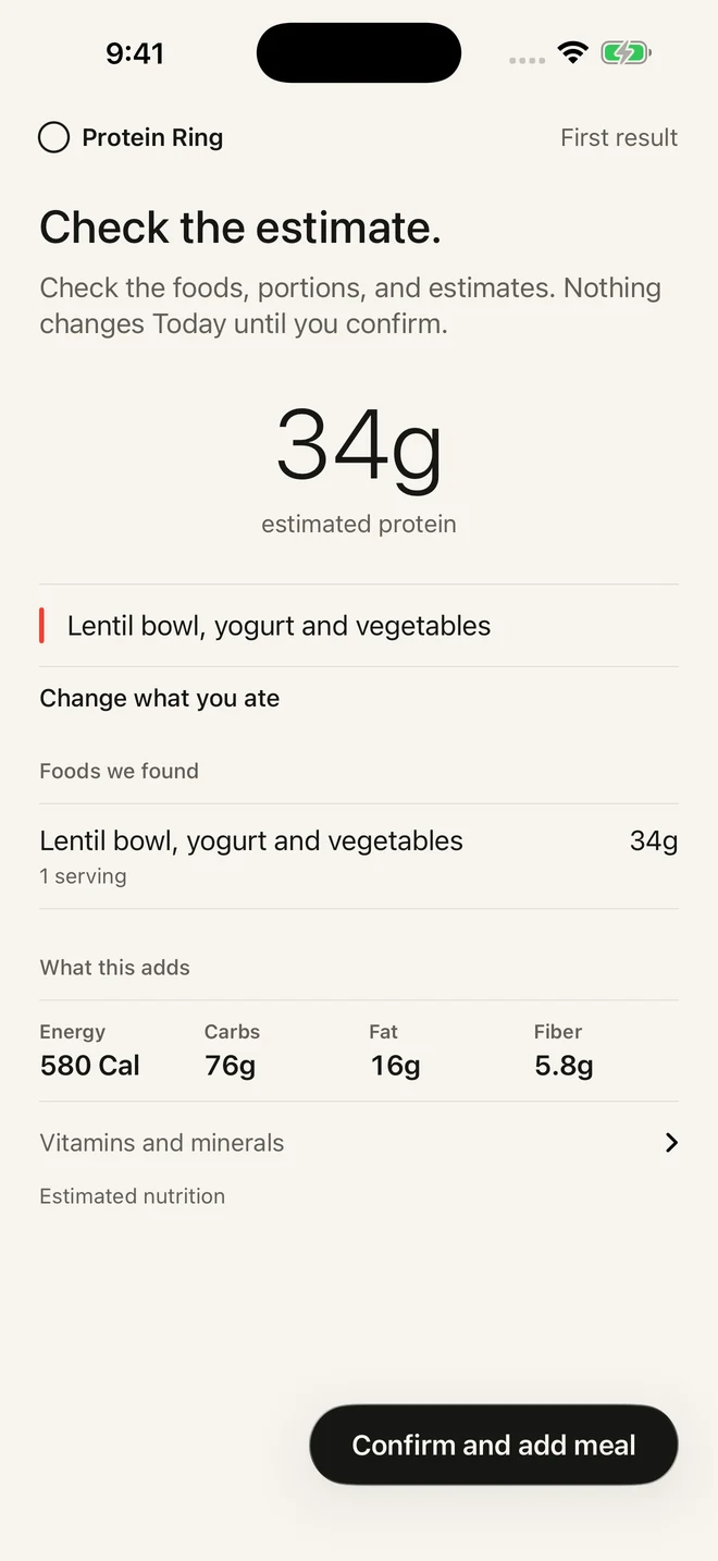 Current iPhone meal review with editable foods, portions and an estimate