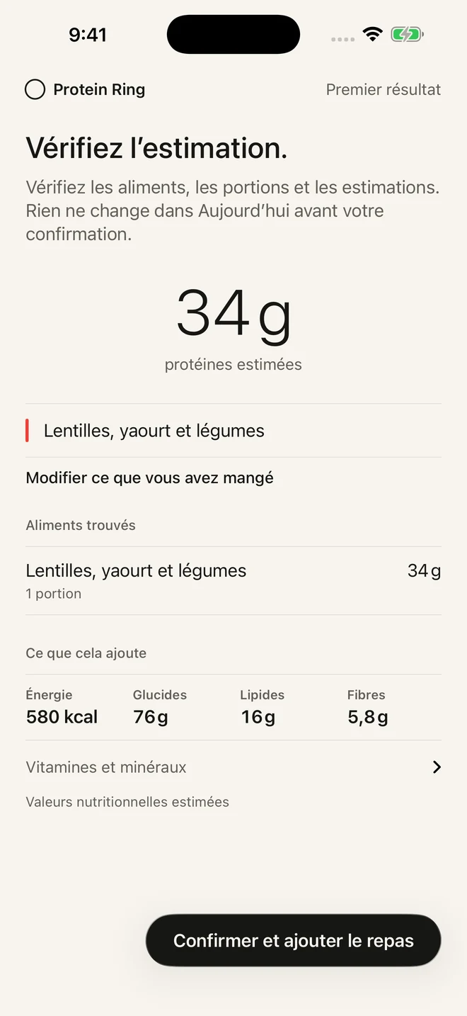 Écran de vérification d’un repas dans Protein Ring