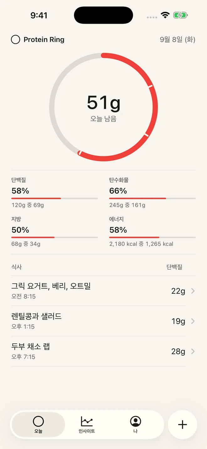 단백질 링과 예시 식사가 표시된 Protein Ring 오늘 화면