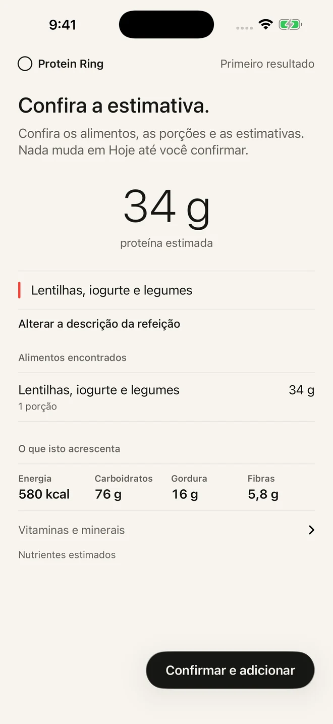 Tela de conferência de refeição do Protein Ring